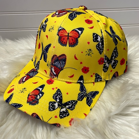 Butterfly & Ladybug Yellow Cap with Multicolored Butterflies Baseball Cap - Picture 12 of 12